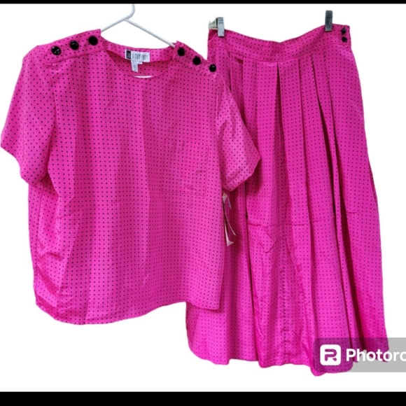 Vintage 80s SK & Company Hot Pink Polka-dot Blouse & Skirt Set - Picture 1 of 9